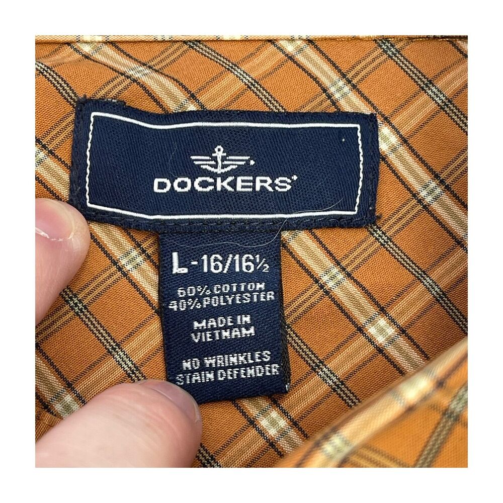 Dockers Dress Shirt Mens Large 16/16.5 Brown Plaid Cotton Pleated Classic Formal - Picture 2 of 6